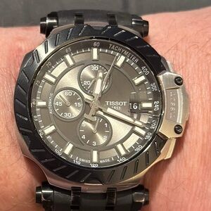 Tissot t-race automatic chrono watch with the anthracite dial blk and red band